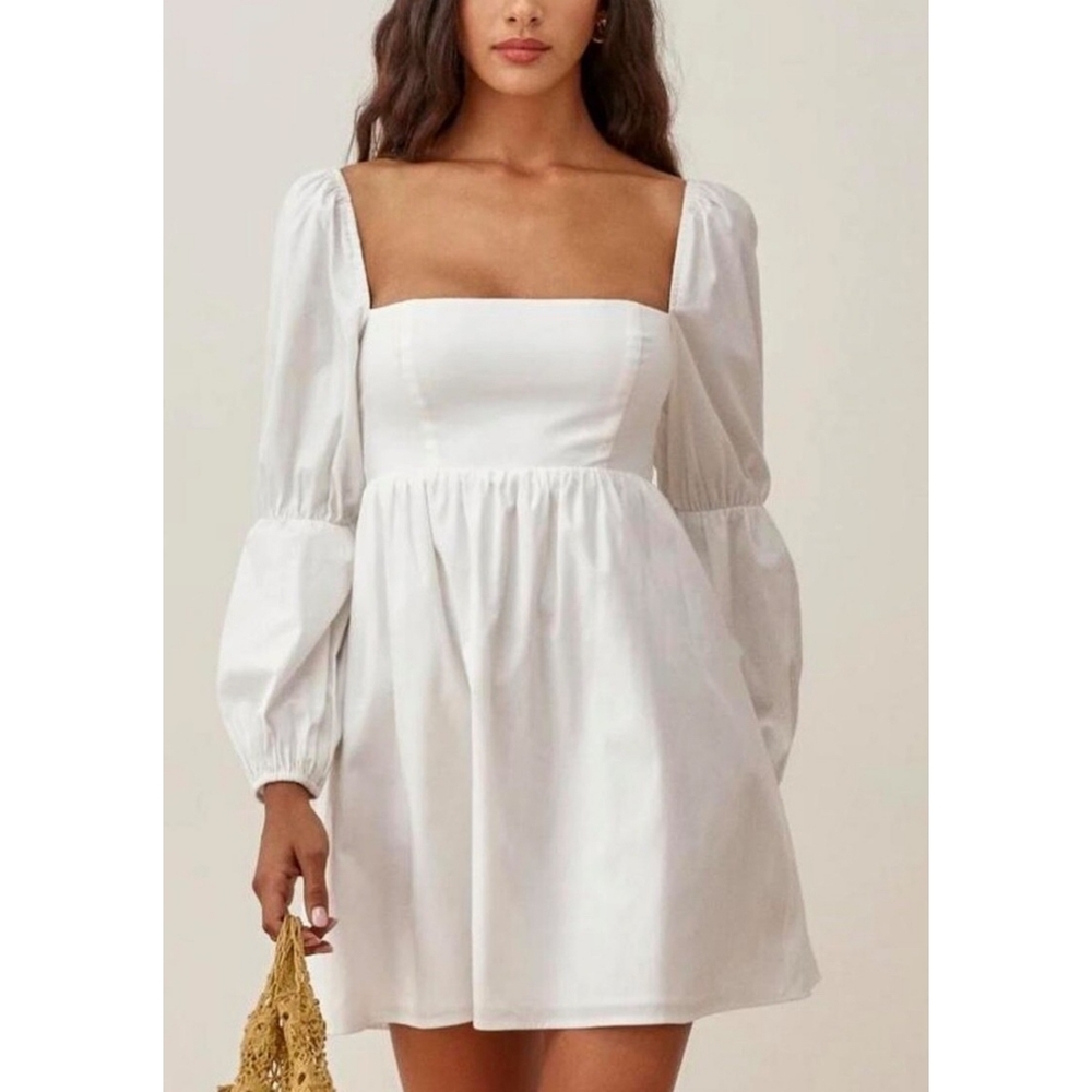 REFORMATION Michaela Dress Linen Babydoll Mini Puff Sleeve White 6